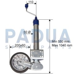 RUOTINO D'APPOGGIO TELESCOPICO C/PIASTRA AUTOMATICO TUBO Ø mm. 60 - PORTATA KG. 250